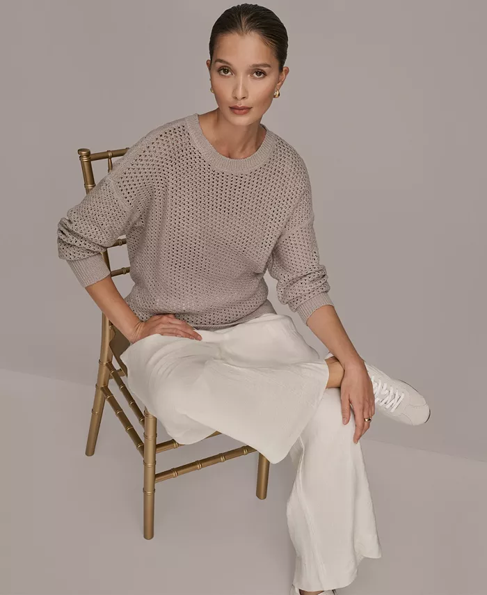 Women's Bracelet Sleeve Open Stitch Cotton Blend Crewneck Sweater - thumbnail 9
