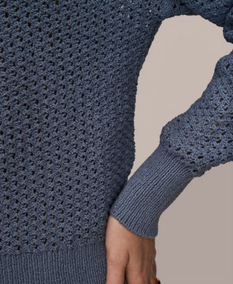 Women's Bracelet Sleeve Open Stitch Cotton Blend Crewneck Sweater