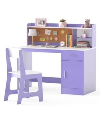 Kids Study Desk and Chair Set Wooden Children Writing Table with Shelves & Drawer