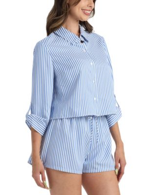 Juniors' Striped Cropped Collared Shirt