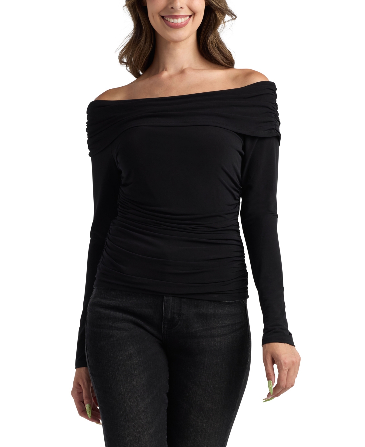 Bcx Juniors' Solid Shirred Long-sleeve Top In Black
