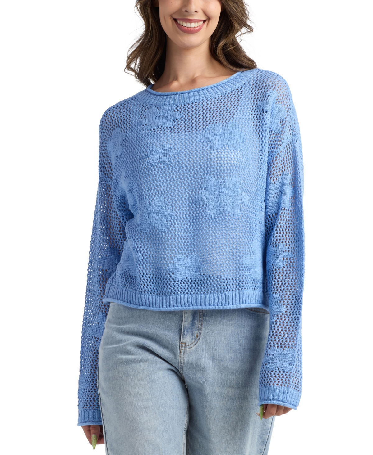 Bcx Women's Resort Daisy Cropped Crew Neck Sweater
