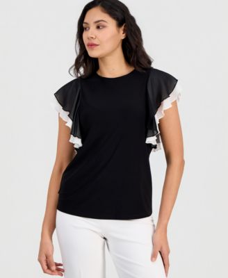 Women's Layered Flutter-Sleeve Round-Neck Top