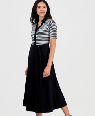 Women's Collared Combo A-Line Midi Dress