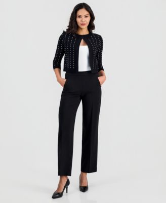 Women's Pinstripe Open-Front 3/4-Sleeve Cardigan