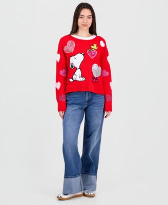 Juniors' Sequin Heart Snoopy Sweater