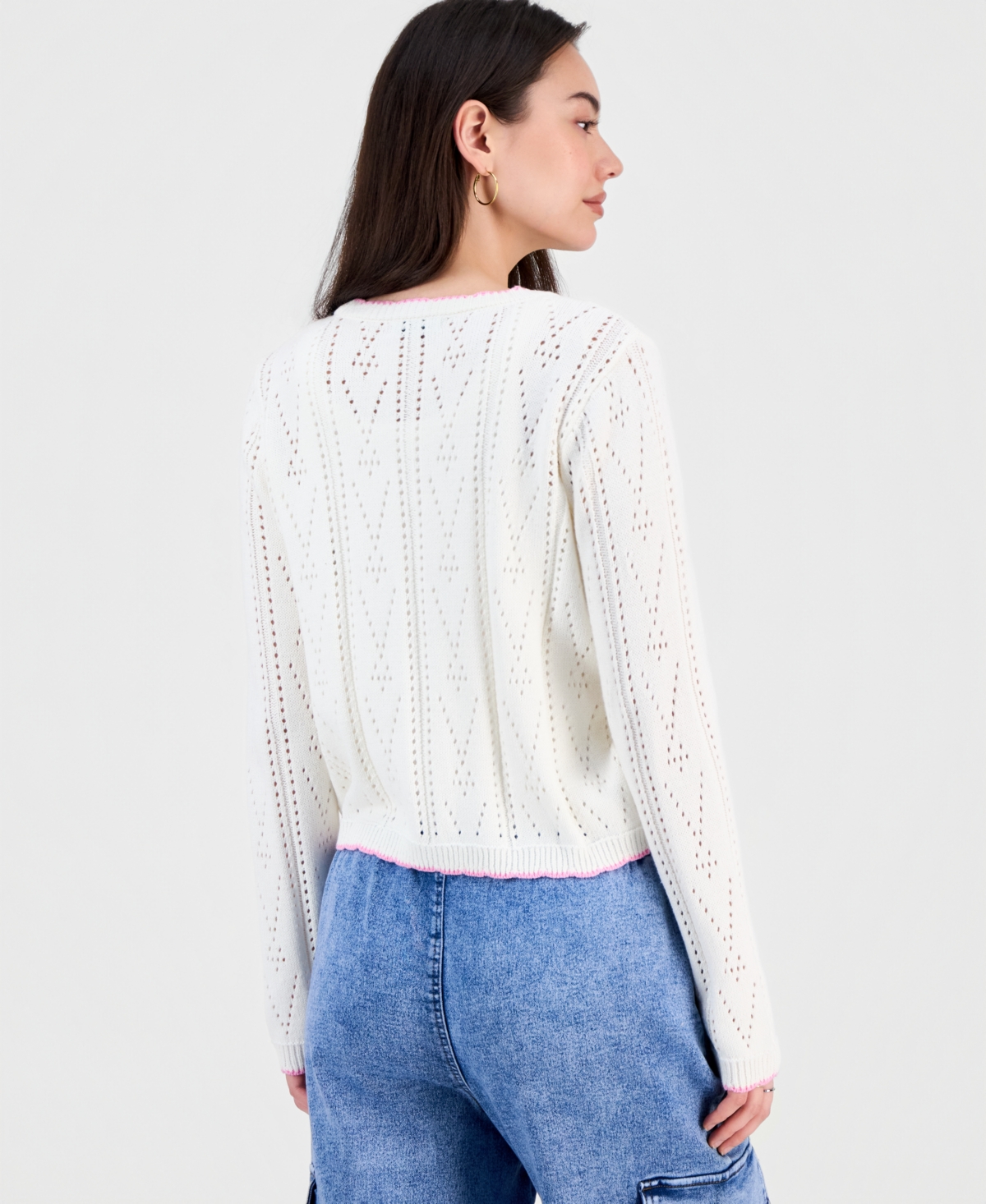 Hooked Up by Iot Juniors' Pointelle Embroidered Cardigan