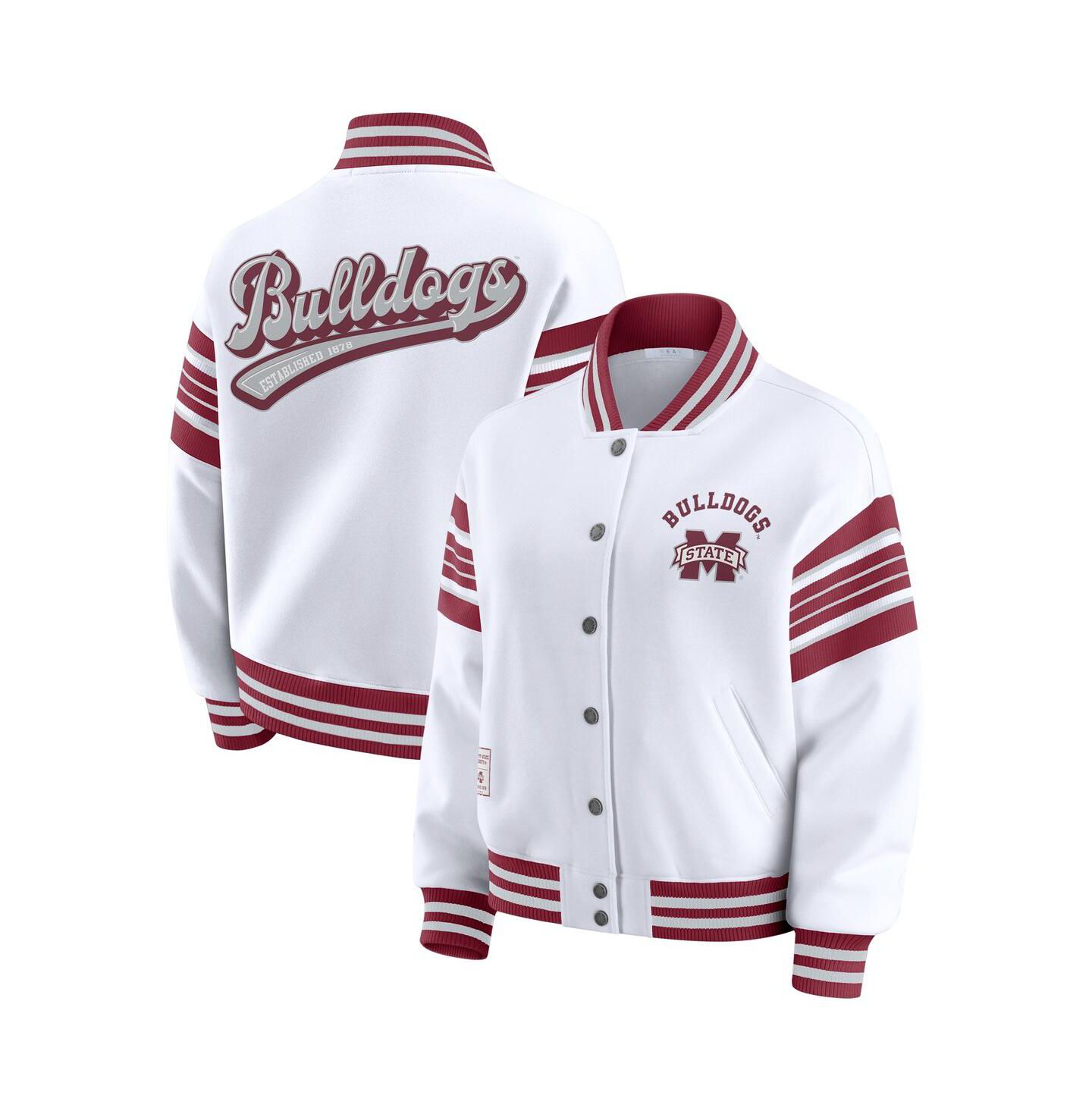 Женская куртка WEAR by Erin Andrews White/Maroon Mississippi State Bulldogs Satin Stitch Full-Snap Fleece Sweatshirt — фото 1