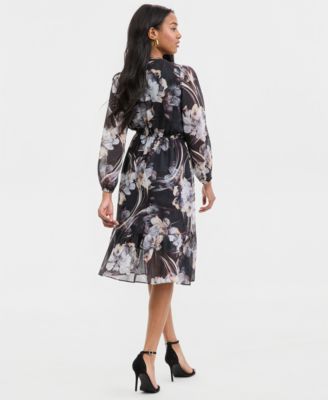 Women's Printed Blouson-Sleeve A-Line Dress