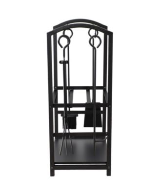 5pc Indoor/Outdoor Steel Log Holder with Fireplace Tool Set, Tongs, Poker, Shovel and Brush - Black