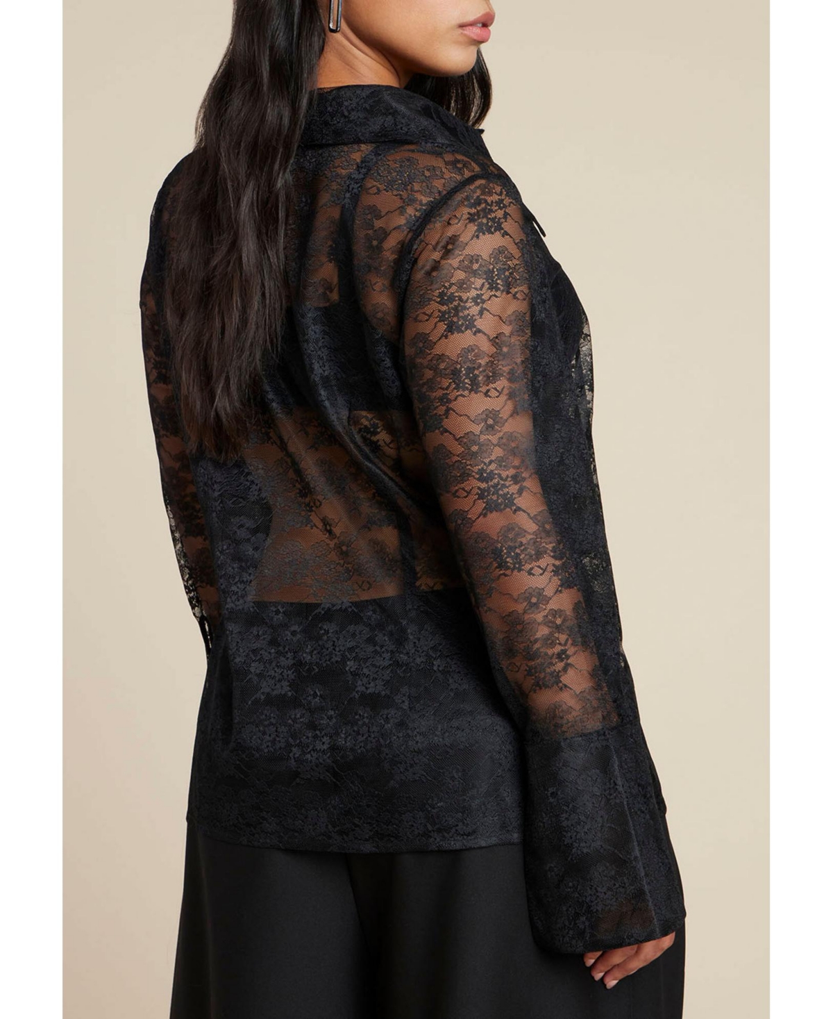Eloquii Women's Sheer Lace Button Up Top