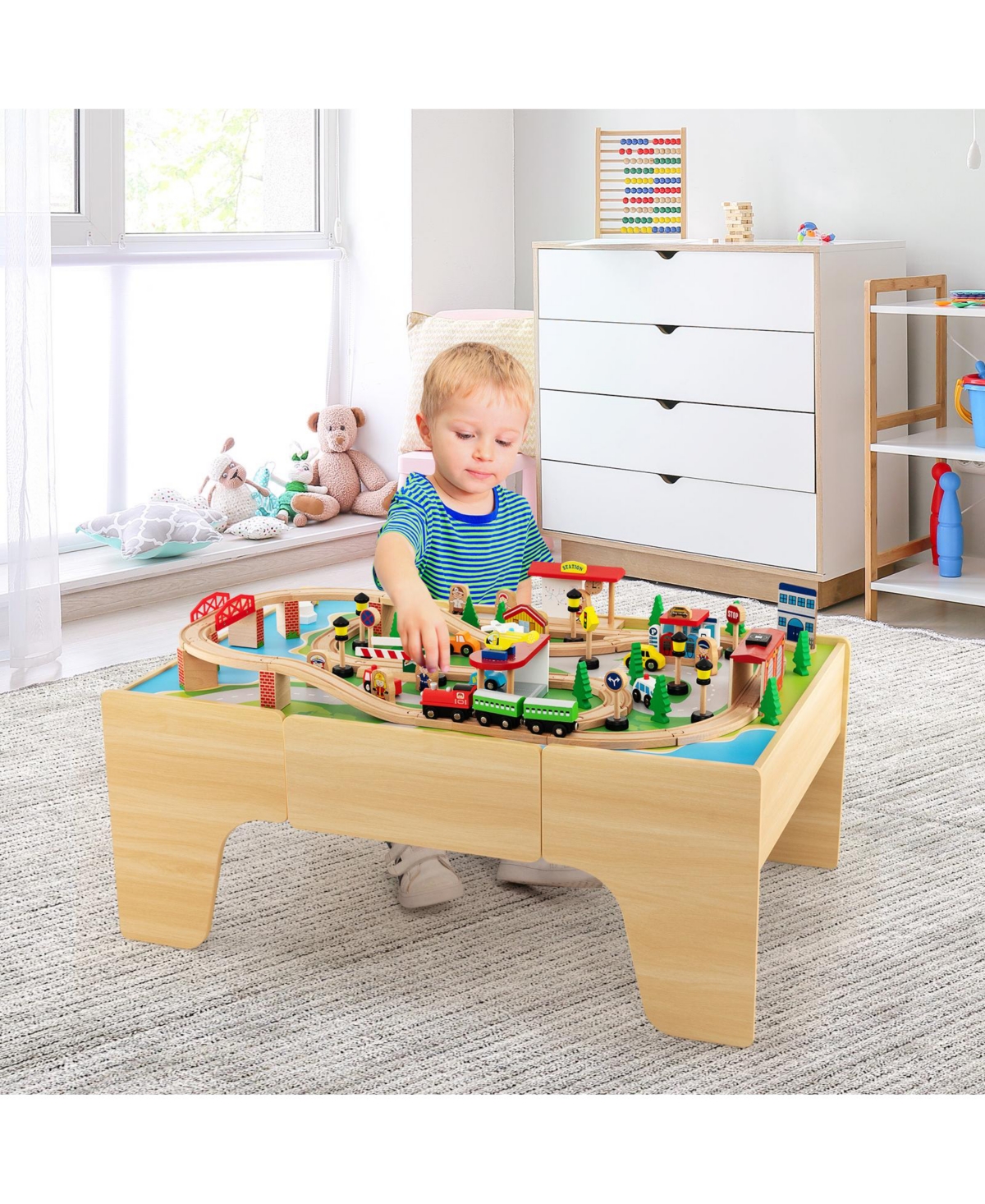 Mecale 84-Piece Wooden Train Set with Reversible and Detachable Tabletop