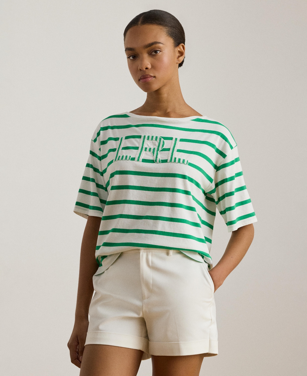 Ralph Lauren Women's Striped Beaded-logo T-shirt In Green