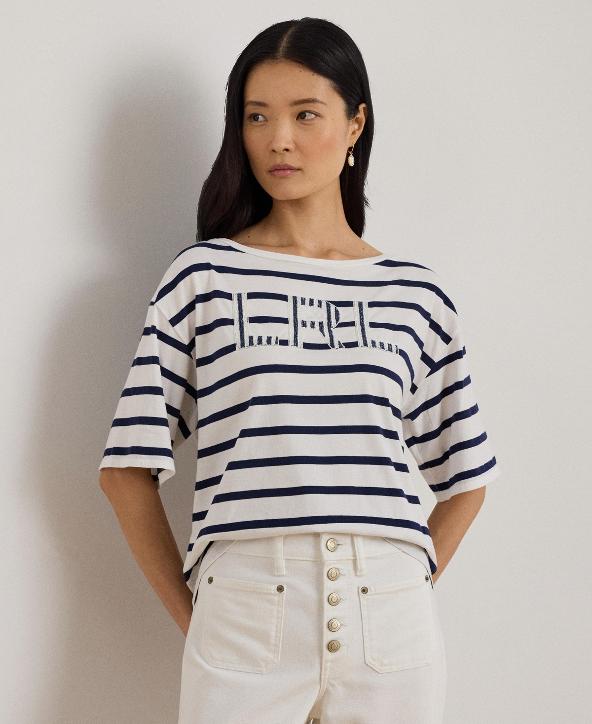 Ralph Lauren Women's Striped Beaded-logo T-shirt In White
