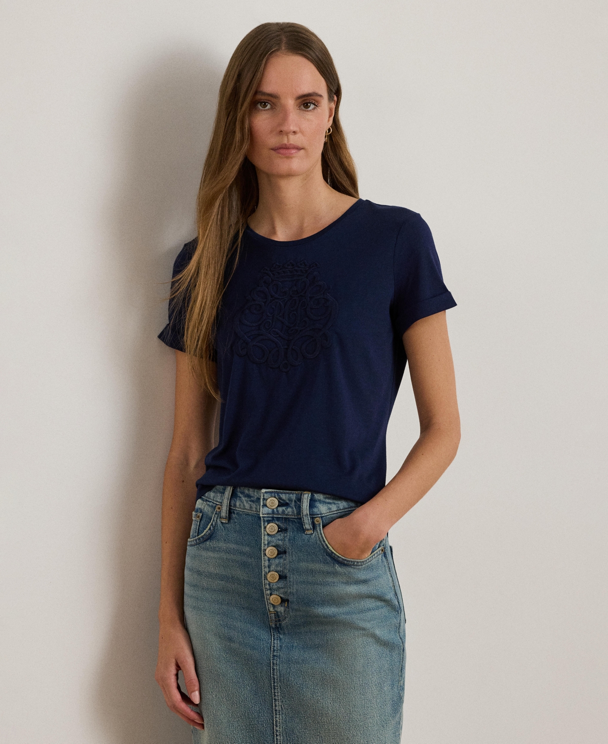 Ralph Lauren Women's Crewneck Embroidered-logo T-shirt In Blue