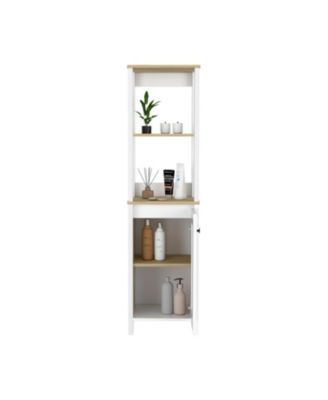Linen Cabinet with Two Interior Shelves and Two Open Shelves Single Door Freestanding Storage Organizer for Bathroom or Living Room