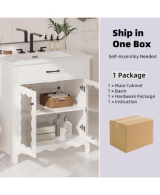 31 Inch Bathroom Vanity with Tempered Glass Modern Bathroom Cabinet with Rubber Wood Legs and Soft Close Doors Freestanding Storage White