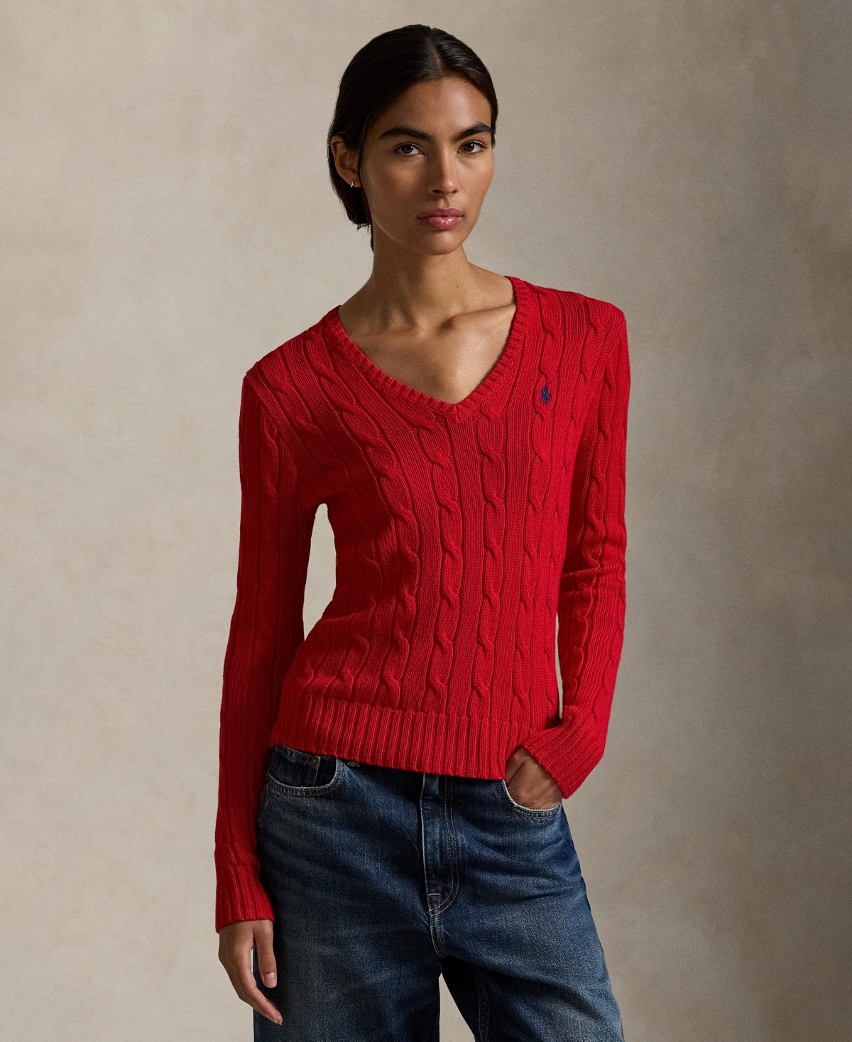 Polo Ralph Lauren Women's Cable-knit Cotton V-neck Sweater In Red