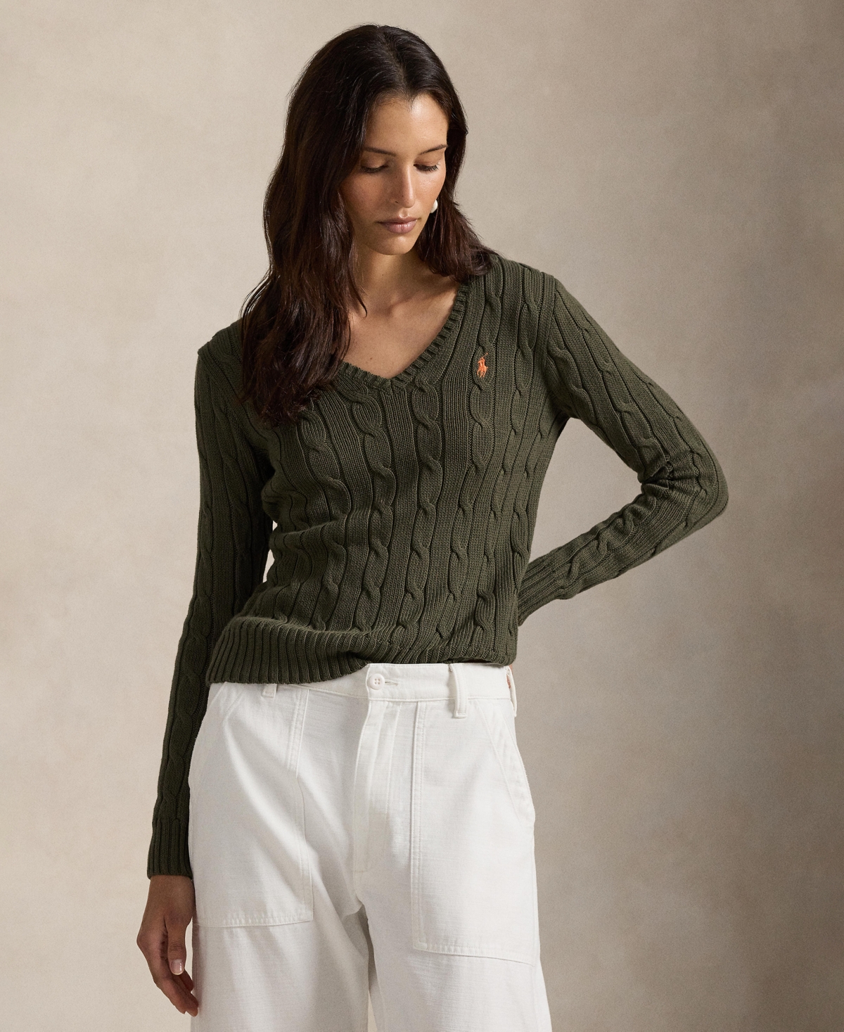 Polo Ralph Lauren Women's Cable-knit Cotton V-neck Sweater In Green