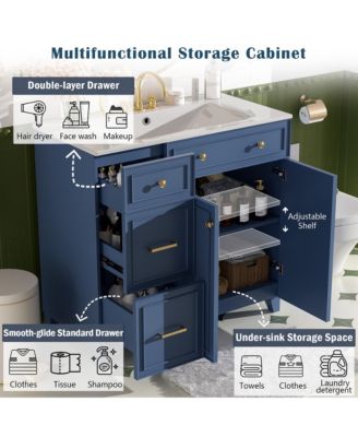 36" Vanity with Ceramic Sink,Double Layer Drawers, Soft-Close Doors, Adjustable Shelves, Modern Storage Cabinet for Small & Medium Bathrooms