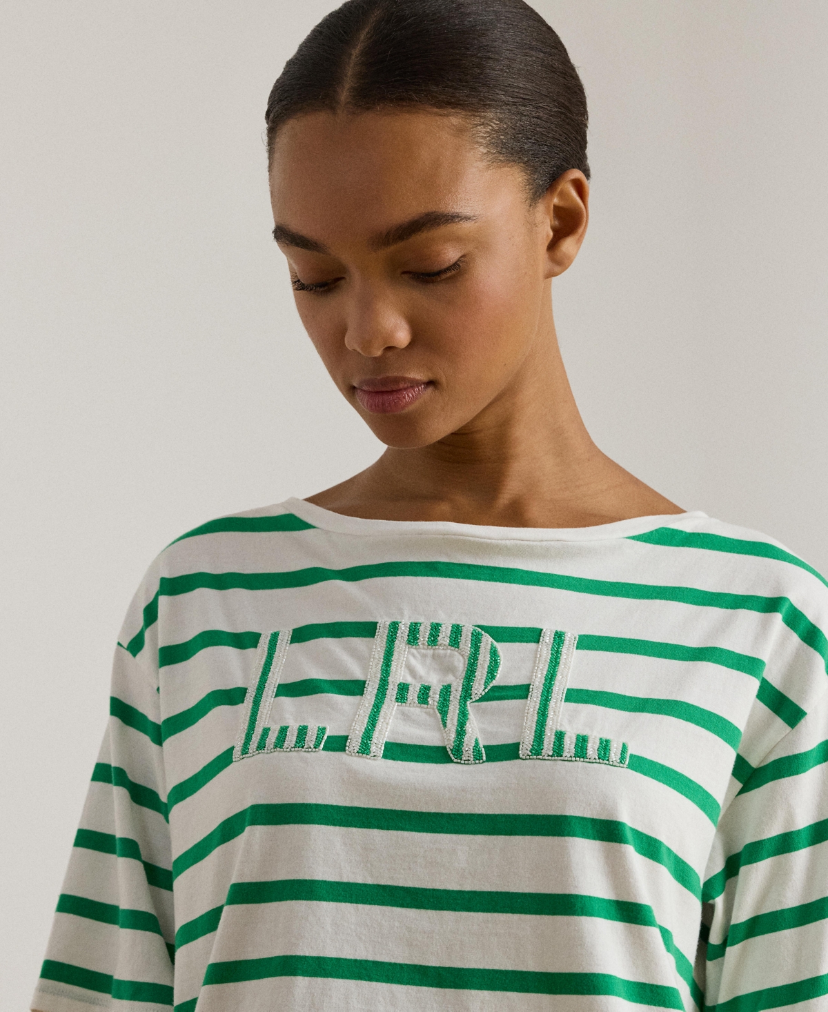 Ralph Lauren Women's Striped Beaded-logo T-shirt In Green