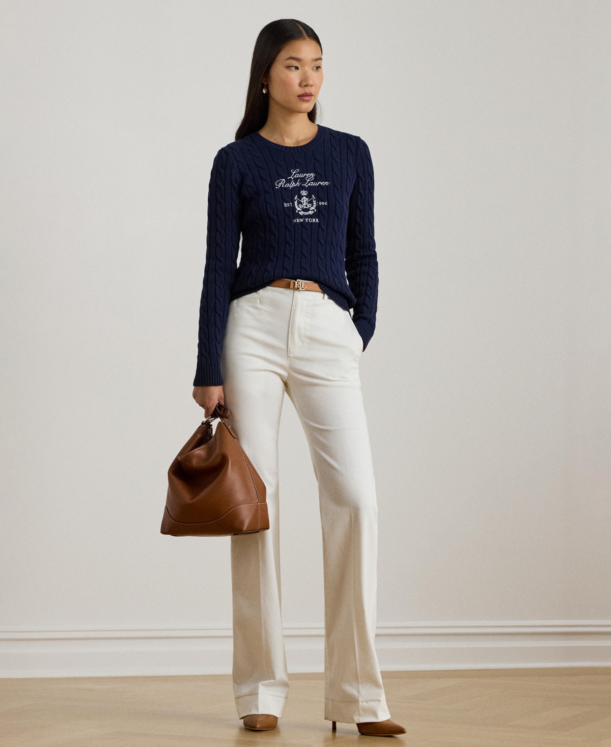 Lauren Ralph Women's Embroidered-Crest Cable-Knit Sweater