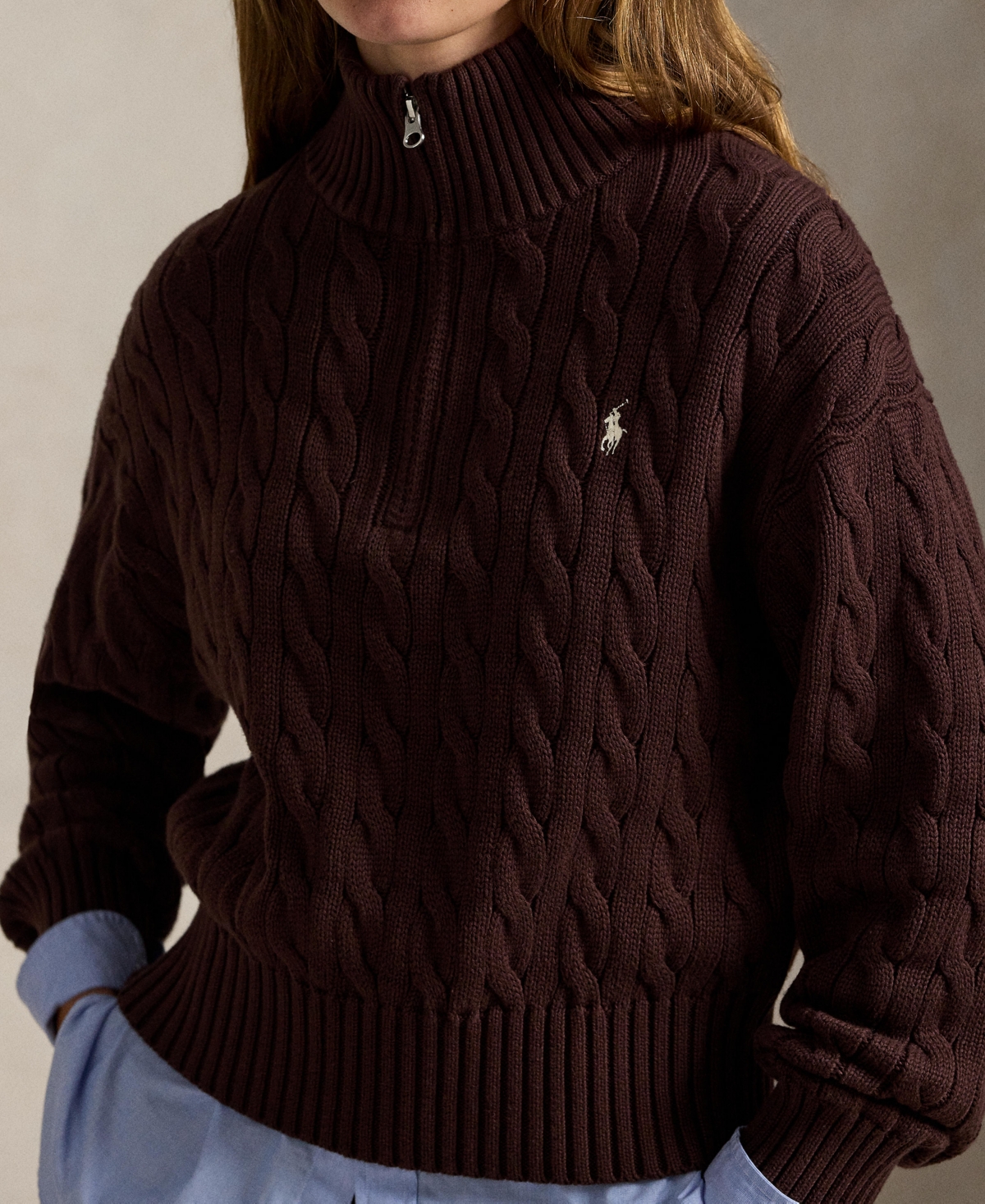 Polo Ralph Lauren Women's Cable-knit Cotton Quarter-zip Sweater In Burgundy