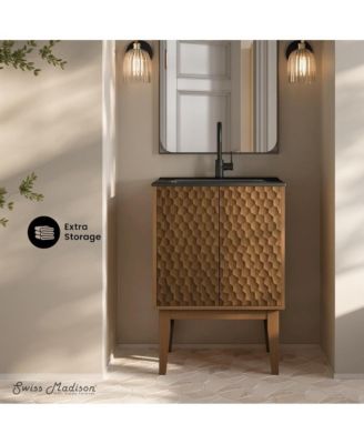 Bosse 24" Freestanding Bathroom Vanity in Brown Oak with Black Sink Top