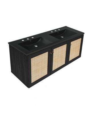 48" Wall-Mounted Bathroom Vanity, Black 3-Hole Widespread Double Basin Sink Top