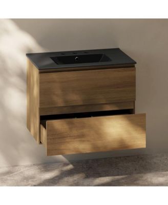30" Wall-Mounted Bathroom Vanity in Brown Oak, Black 3-Hole Widespread Sink Top