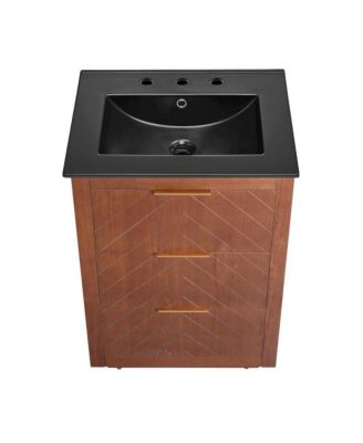 24" Freestanding Bathroom Vanity in Brown Oak, Black 3-Hole Centerset Sink Top