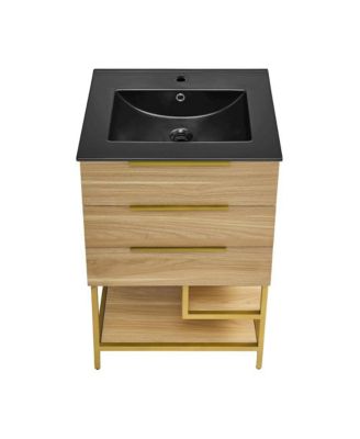Carre 24 in. White Oak Bathroom Vanity With Black Ceramic Sink Top