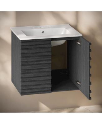 24" Wall-Mounted Bathroom Vanity in Black Oak with 3-Hole Widespread Sink Top