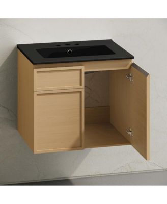 24" Wall-Mounted Bathroom Vanity, Natural Oak, Black 3-Hole Widespread Sink Top