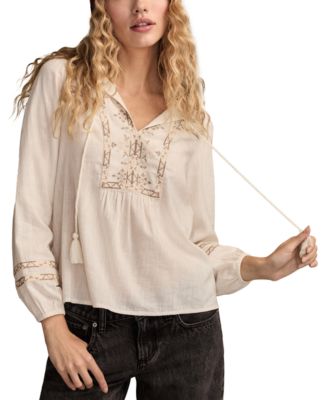 Lucky Brand - Women's Embroidered Notch Neck Peasant Top
