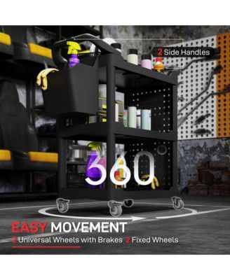 3-Tier Rolling Tool Cart, Utility Cart with Side Shelf & Hook