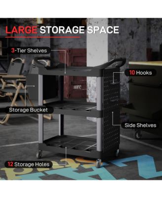 3-Tier Rolling Tool Cart, Utility Cart with Side Shelf and Hook