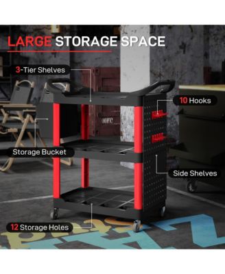 3-Tier Rolling Tool Cart, Utility Cart with Side Shelf & Hook