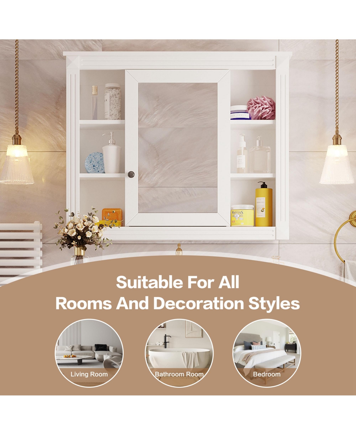 Airsurfer 35 x 28 Wall Mounted Bathroom Storage Cabinet Medicine Cabinet Modern Bathroom Wall Cabinet with Mirror and 6 Open Shelves Not Include Vanit