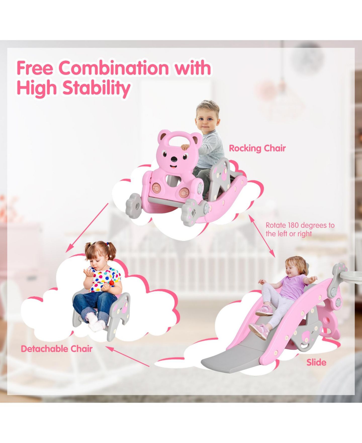 Детский игровой набор Mecale 4-in-1 Toddler Slide and Rocking Horse Playset with Basketball Hoop, Ages 1-5, цвет: Розовый — фото 5