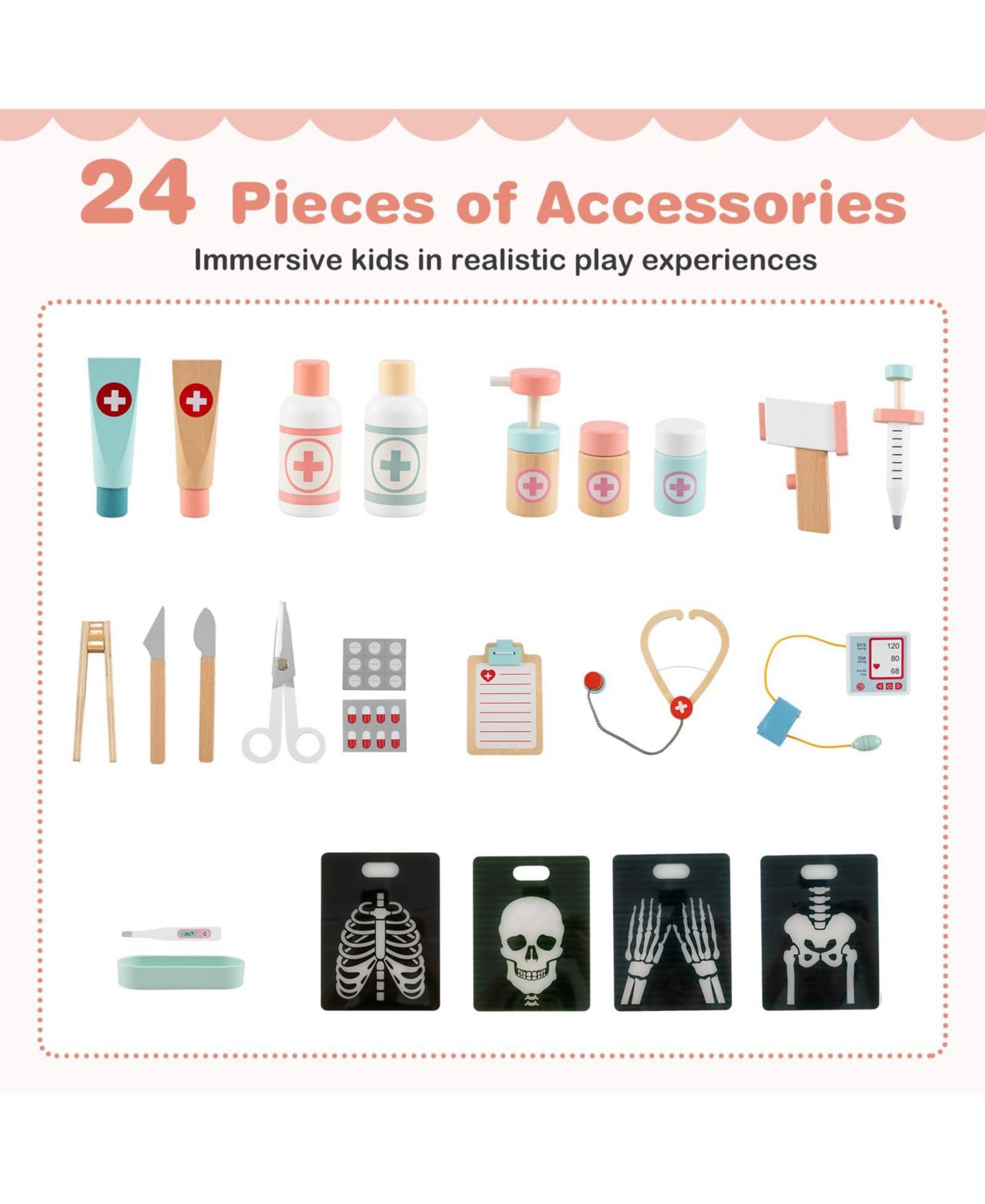 Детский игровой набор Mecale Doctor Wooden 24-Piece Playset, Ages 3+, цвет: Розовый — фото 4