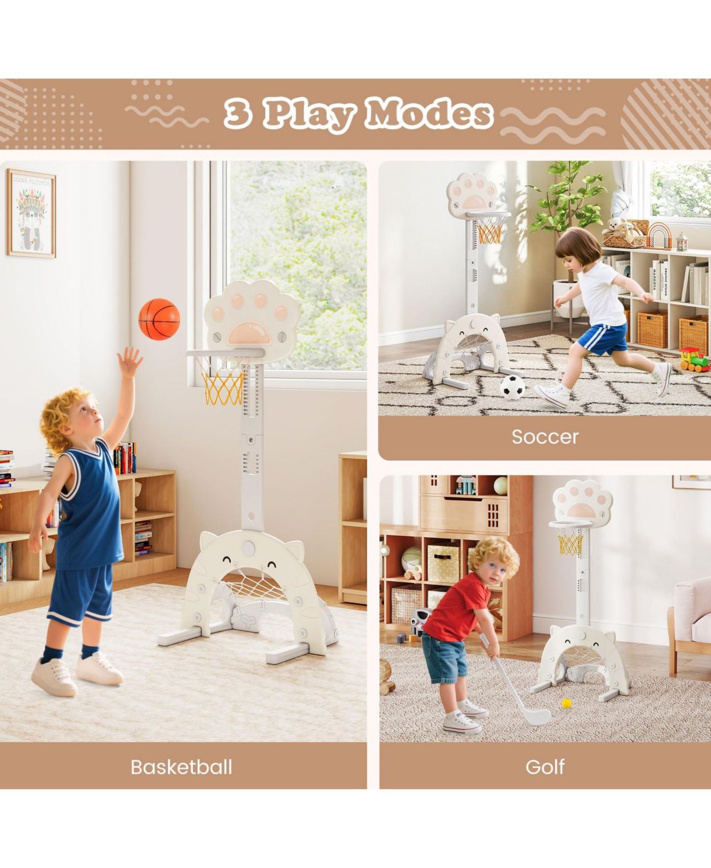 Детская игрушка Mecale 3-in-1 Adjustable Foldable Basketball Hoop with Soccer & Golf, Ages 3-10, цвет: Серый — фото 4