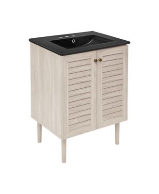 24" Freestanding Bathroom Vanity in White Oak, Black 3-Hole Centerset Sink Top