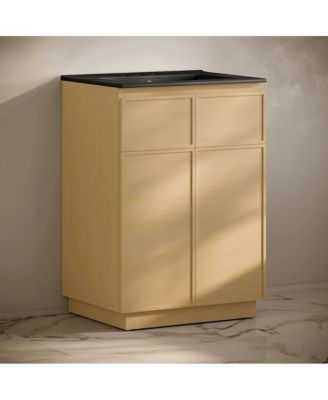 24" Freestanding Bathroom Vanity in Natural Oak, Black 3-Hole Centerset Sink Top