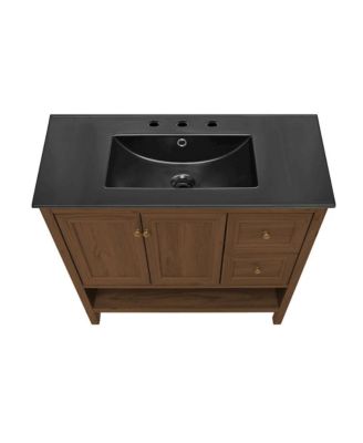 24 " Freestanding Bathroom Vanity in Brown Oak, Black 3-Hole Widespread Sink Top