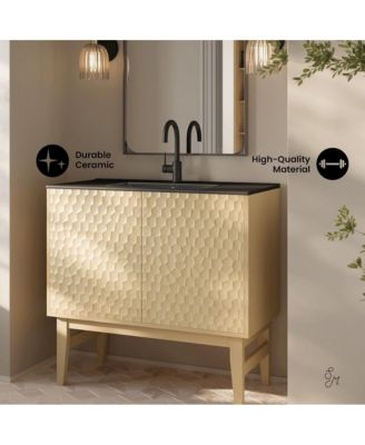 36" Natural Oak MDF Soft-Close Freestanding Vanity with Sink Top & Open Back Access