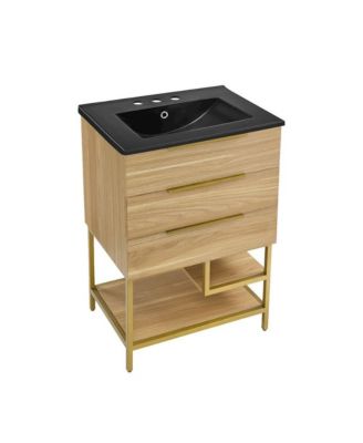 Carre 24 in. White Oak Bathroom Vanity With Black, 3-Hole Ceramic Sink Top