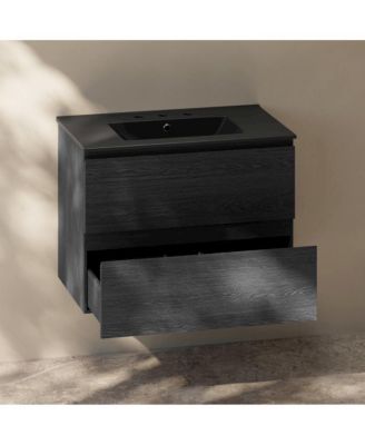 30" Wall-Mounted Bathroom Vanity in Black Oak, Black 3-Hole Widespread Sink Top