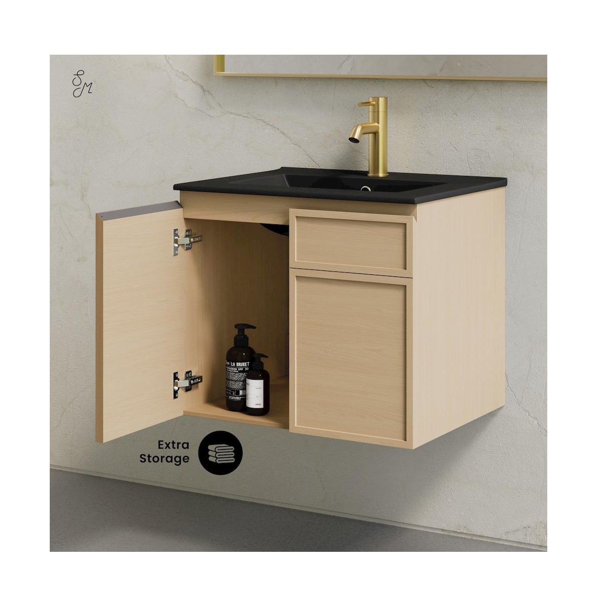 Swiss MadisonSt. Tropez 24" Wall-Mounted Bathroom Vanity in Natural Oak with Black Sink Top