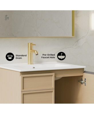 24" Natural Oak Ceramic Scratch-Resistant Wall-Mount Vanity with Soft-Close Doors & Sink Top